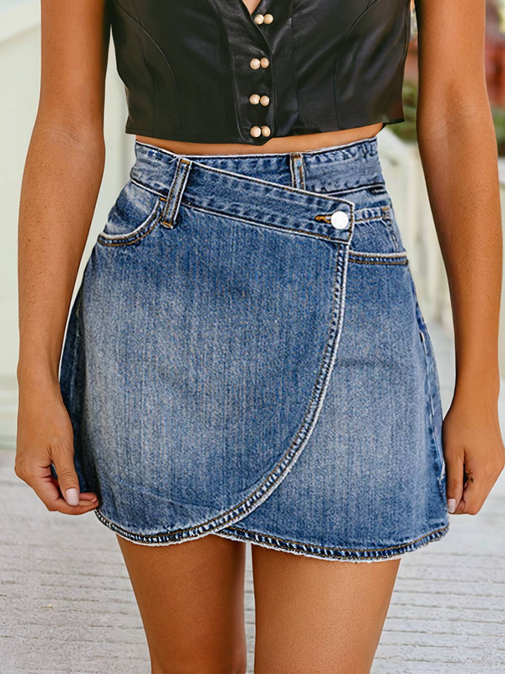 Dark Denim High Waist Wrapped Mini Skirt
